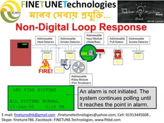 FINETUNETechnologies
মানব সেবায় প্রযুক্তি...
E-mail: finetunedhk@gmail.com ,finetunetechnologies@yahoo.com, Cell: 01913445608 ,
Skype: finetune786 ,Facebook: FINETUNE.Technologies, www.fttbd.com
Non-Digital Loop Response
ABC FIRE SYSTEMS
ALL SYSTEMS NORMAL
15-Jan-00 3:10 PM
An alarm is not initiated. The
system continues polling until
it reaches the point in alarm.
FIREFIRE
SILENT KNIGHT
Addressable
Heat Detector
Addressable
Smoke Detector
Addressable
Input Module
(Waterflow)
001 002
003
004
005
Addressable
Pull Station
Addressable
Smoke Detector
006
FIRE!
Addressable
Relay Module
(Fan Shutdown)
 
