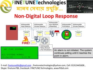 FINETUNETechnologies
মানব সেবায় প্রযুক্তি...
E-mail: finetunedhk@gmail.com ,finetunetechnologies@yahoo.com, Cell: 01913445608 ,
Skype: finetune786 ,Facebook: FINETUNE.Technologies, www.fttbd.com
Non-Digital Loop Response
ABC FIRE SYSTEMS
ALL SYSTEMS NORMAL
15-Jan-00 3:10 PM
An alarm is not initiated. The system
continues polling until it reaches the
point in alarm.
FIREFIRE
SILENT KNIGHT
Addressable
Heat Detector
Addressable
Smoke Detector
Addressable
Input Module
(Waterflow)
001 002
003
004
005
Addressable
Pull Station
Addressable
Smoke Detector
006
FIRE!
Addressable
Relay Module
(Fan Shutdown)
 