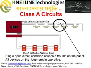 FINETUNETechnologies
মানব সেবায় প্রযুক্তি...
E-mail: finetunedhk@gmail.com ,finetunetechnologies@yahoo.com, Cell: 01913445608 ,
Skype: finetune786 ,Facebook: FINETUNE.Technologies, www.fttbd.com
Class A Initiating Device Circuit
Class A Notification Appliance Circuit
Class A Circuits
Single open circuit condition causes a trouble on the panel.
All devices on the loop remain operative.
 