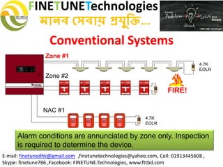 FINETUNETechnologies
মানব সেবায় প্রযুক্তি...
E-mail: finetunedhk@gmail.com ,finetunetechnologies@yahoo.com, Cell: 01913445608 ,
Skype: finetune786 ,Facebook: FINETUNE.Technologies, www.fttbd.com
Conventional Systems
Alarm conditions are annunciated by zone only. Inspection
is required to determine the device.
Zone #1
4.7K
EOLR
4.7K
EOLR
Zone #2
NAC #1
FIRE!
 