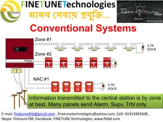 FINETUNETechnologies
মানব সেবায় প্রযুক্তি...
E-mail: finetunedhk@gmail.com ,finetunetechnologies@yahoo.com, Cell: 01913445608 ,
Skype: finetune786 ,Facebook: FINETUNE.Technologies, www.fttbd.com
Conventional Systems
Information transmitted to the central station is by zone
at best. Many panels send Alarm, Supv, Trbl only.
RJ RJ
Zone #1
4.7K
EOLR
4.7K
EOLR
Zone #2
NAC #1
 