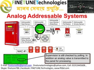 FINETUNETechnologies
মানব সেবায় প্রযুক্তি...
E-mail: finetunedhk@gmail.com ,finetunetechnologies@yahoo.com, Cell: 01913445608 ,
Skype: finetune786 ,Facebook: FINETUNE.Technologies, www.fttbd.com
Analog Addressable Systems
SMOKE DETECTOR
LOBBY NORTH
POINT 002 A=060
NORMAL F=188
Supervision is still checked by polling. In
addition an analog value is transmitted to
the panel for processing.
Addressable
Relay Module
(Fan Shutdown)
Addressable
Heat Sensor
Addressable
Smoke Sensor
Addressable
Input Module
(Waterflow)
001 002
003
004
005
Addressable
Pull Station
Addressable
Smoke Sensor
006
10K
EOLR
NAC #1
 