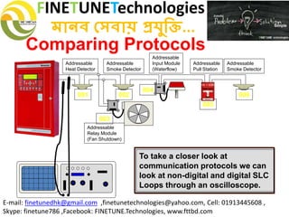FINETUNETechnologies
মানব সেবায় প্রযুক্তি...
E-mail: finetunedhk@gmail.com ,finetunetechnologies@yahoo.com, Cell: 01913445608 ,
Skype: finetune786 ,Facebook: FINETUNE.Technologies, www.fttbd.com
Comparing Protocols
To take a closer look at
communication protocols we can
look at non-digital and digital SLC
Loops through an oscilloscope.
Addressable
Relay Module
(Fan Shutdown)
Addressable
Heat Detector
Addressable
Smoke Detector
Addressable
Input Module
(Waterflow)
001 002
003
004
005
Addressable
Pull Station
Addressable
Smoke Detector
006
 