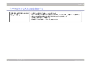 10 © Copyright Hitachi Soft 2003
日立ソフト
Niseko N-Ken
SWOT分析から実施項目を抽出する
外国からの観光客が加森、キロロに取られる
＞Hunk（100%外人がお客の店）は成功しているので、ニセコには外人が多いことを活かせる
＞逆にルスツなど他の観光地へ倶知安から連れて行くことも考える
海外観光客のトラブルが多発する
＞町をあげてリスクを考え、早めに対策を打ち出す
⑥事業機会を脅威により逃さ
ないようにする
 