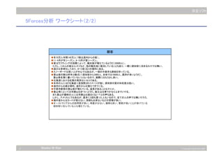 2 © Copyright Hitachi Soft 2003
日立ソフト
Niseko N-Ken
5Forces分析 ワークシート（2/2）
顧客
◆冬70万人年間145万人（7割は道内からの客）。
◆11-4月が冬シーズン、6-10月が夏シーズン。
◆夏はラフティングの効果によって、観光客が増えているようだ（55000人）。
ただし、これらの客はルスツなど、他の観光地に宿泊していることもあり、一概に倶知安に泊まるわけでは無い。
◆遊びは多様化しており、かつ浅く広くの傾向にある。
◆スノーボードは若い人が中心ではあるが、一部の中高年も興味を持っている。
◆登山客の数は昨年と横ばい（倶知安から3000人、全体では10000人、真狩が多いようだ）。
登山者名簿に書いていない人もいるので、実際にはもう少し多い。
◆北海道における紅葉の見所はニセコである。
◆本州の人には『北海道＝富良野』のイメージが強く、倶知安の夏の知名度は低い。
◆道内からは減少傾向、道外からは増えてきている。
◆中高年齢者の登山客が増えている。温泉があることはメリット。
◆登山者にとっては羊諦山はきついようだ。富士山は車でかなり上までいける。
また登山が趣味の人には羊蹄山は面白くない？との声もある。
しかし、アメリカ人ではあるが、真冬に３回も登った人もいるので、全ての人の声では無いだろう。
◆海外客からはカードが使えない、両替も出来ないなどの苦情が多い。
◆オーストラリアからの訪問者が多い。時差が少ない、価格も安い、雪質が良いことが受けている
倶知安に住んでいる人も増えている。
 