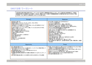 4 © Copyright Hitachi Soft 2003
日立ソフト
Niseko N-Ken
SWOT分析 ワークシート
Strength Weakness
◆倶知安は小樽に近い
◆農産物が豊富、じゃがいも、アスパラ、いももち、小豆、かぼちゃ
◆外国人が多く住んでいる（オーストラリア）
◆倶知安町とニセコの連絡バス（ナイト号）がある、ただし上手く活用されていない
◆エリア内にコンビニ（セイコマート）がある
◆お客さんが宿のバリエーション（ホテル、民宿、ペンションなど）をチョイスできる
◆雪がいい（世界一のパウダー）
◆富良野よりは札幌、千歳から近い
◆車で一時間圏内に観光スポットが多くある
◆羊蹄山と羊蹄山の水は有名
◆地酒がある
◆冬の交通アクセスは良い（バス便が多い）
◆各町に美術館がある
◆温泉がある
◆紅葉はすごい（日本有数の名所）
◆SLが走っている
◆PR力が弱い（売り物のスポットのPRが足りない）
◆リフトチケットの種類が弱い
◆夏は食事する場所が足りない、美味しい場所が無い
◆倶知安名産のジャガイモが一般消費者にはなじみが無い
◆ATMがスキー場周辺に無い。倶知安町にも少なく、閉まるのが早い。
◆本土からの客は海産物を期待するが海産物は弱い
◆インターネットアクセスが整備されていない
◆加森、キロロは一社で運営するため思い切った販売戦略が打てる
◆夏は交通のアクセスが悪い
◆倶知安と読めない、知名度が低い
◆町としての一体感が無い、協力的でない
◆町民が地元の良さを知らない？
◆英語対応のファシリティが無い
◆スキー場の食事が高い、美味しくない（他所も同じだとは思う）
◆道路状況が悪い（案内、幅、カーブ）
◆天候が悪い日が（他の道内のスキー場に比べて）多い
◆車での移動が多い場所なのに、道の駅が倶知安には無い（情報が無い、地場を
売る施設）
Opportunity
◆外人観光客が増えている
◆国の支援策が強化されてきている（国交省のシーニックバイウェイ制度が発足、行
政が主体となってハイキングロード整備）
◆航空運賃制度が変わって、チケットが安く買えるようになった
◆全国的に登山客は増えている
◆首都圏の高年齢層と富裕層が色々の趣味に興味を持っている（ダンス、ピアノ、バ
イオリン･･･）
◆夏の道内の観光客は増えている（札幌市も1300万人を2000万人にすると発表）
Threat
◆加森、キロロなど他のスキー場はリフトチケットの充実させている。さらに行政と
の連携でアジア系観光客誘致の取組みをしっかりしている
◆他の町では協力関係が強力（洞爺湖＋ルスツ、札幌＋定山渓、小樽＋キロロ）
◆中小ツアーエージェントの経営が悪化している
◆航空チケットはInternetで安く買えるのに、宿の予約はそれほどでも無い
◆海外からの観光客が増えてトラブルが起きる可能性がある
◆冬の道内の観光客は減っている
倶知安町は観光資源は豊富である。しかしじゃがいもを含めて情報発信が成功していない。さらに交通手段や食事場所など、各種の
観光客の受け入れ体制も十分では無い。このため、増加してきている海外や首都圏富裕層からの観光客の取り込みが出来ない可能
性が高い。さらに海外からの観光客によるトラブルも心配である。
 
