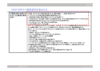 6 © Copyright Hitachi Soft 2003
日立ソフト
Niseko N-Ken
SWOT分析から実施項目を抽出する
加森、キロロに全ての観光客を取られる。最悪（最善？） 、加森に買収される？
＞リフトチケットの充実と観光客誘致の取組を強化する
＞倶知安町は加森に買収を働きかける（やっぱり加森か？）
＞ATMの件もやっぱり加森？加森には北海信金がある。キロロは統合施設なのでカードで全て払える
＞倶知安町の強みを打ち出すにはニセコ全山でがんばる必要がある
＞もっと町と山（スキー場）が協力する必要がある
＞山から町民へのサービスも必要
エージェント頼みの中小のペンションが多い。このため、エージェントの経営が悪化すると中小のペンシ
ョンは集客が減る。またエージェントが倒産すれば、お金がもらえなくなる。最悪連鎖倒産する。
加えて、エージェントからの値下げ圧力によって食事などのサービス内容が悪化して、顧客が離れてしま
うことに繋がる。
＞地域が一体となって対策を考える
＞サービスの質を落とさない『しかけ』『しくみ』を考える
＞食材、消費財、クリーニングの共通購買
＞食事施設のアウトソーシング
＞Internetに限らず直接予約のお客を増やす
＞口コミを活かす。北海道大学、企業などの人脈を活かす
＞シーズンチケットの無料配布なども人を連れて来てくれる（問題はシーズンチケットが高いこと）
外国語の案内が無いことで、海外からの観光客とのトラブルが増加して、観光客が来なくなる
＞小樽、稚内などの情報収集
＞倶知安として町と山が共同で対策を考える
車の訪問者に対する情報が無いことで、道内の観光客がさらに減少する
＞中山峠や美笛峠にニセコ情報を置く
②脅威と弱みの組み合
わせによる最悪の事態
を防ぐ
 