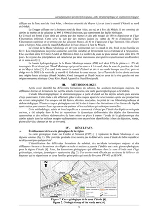 Caractérisation géomorphologique, litho stratigraphique et sédimenntologique
9
affleure sur le flanc nord du Haut Atlas, la bordure orientale du Moyen Atlas et dans le massif d'Ahouli au nord
de Midelt.
Le Dogger affleure sur la bordure nord du Haut Atlas, au sud et à l'est de Midelt. Il est constitué de
dépôts de marnes et de calcaires de 600 à 800m d’épaisseur, que surmontent des faciès néritiques.
Le Crétacé est formé d’une série qui débute par des marnes et des grès rouges de 150 m d'épaisseur et d’âge
Cénomanien inférieur. Cette série se suit par des marnes jaunes ou vertes de 50 m d’épaisseur d’âge
Cénomanien supérieur et se termine par des calcaires blancs, de 40 m d’épaisseur d’âge Turonien. Elle affleure
dans le Moyen Atlas, entre le massif d'Ahouli et le Haut Atlas et à l'est de Midelt.
Le climat de la Haute Moulouya est de type continental, sec et chaud en été, froid et peu humide en
hiver. Les précipitations moyennes annuelles sont très variables et étroitement liées à l'altitude et à l'exposition.
Elles oscillent entre 235 mm à Midelt et 360 mm à Itzer. Le nombre de jours de pluie annuel varie entre 40 à 70
jours. Le régime des précipitations est caractérisé par deux maximums, enregistrés respectivement en décembre
et en mars-avril [1].
Le bassin hydrogéologique de la Haute Moulouya couvre 4500 km2 dont 85% de plaines et 15% de
montagnes. Il est drainé par l'Oued Moulouya qui prend sa source à Alemsid, dans la zone de jonction du Haut
et du Moyen Atlas [5]. Cet oued butte contre le massif d'Ahouli et décrit un coude brusque vers l'est, puis se
dirige vers le NNE à la sortie de ce massif où il devient le cours moyen. Les affluents de la rive droite ont tous
une origine haute atlasique (Oued Oudrhès, Oued Ansegmir et Oued Outat) et ceux de la rive gauche ont une
origine moyenne atlasique (Oued Kiss, Oued Aguersif et Oued Boulajoul).
III. MÉTHODOLOGIE
Après avoir identifié les différentes formations du substrat, les accidents tectoniques majeurs, les
différentes formes et formations des dépôts actuels et anciens, une carte géomorphologique a été établie.
L’étude lithostratigraphique et sédimentologique a porté d’abord sur les dépôts actuels puis anciens
d’âge quaternaire. Cette étude a été effectuée grâce à des coupes ayant été sélectionnées après une prospection
du terrain cartographié. Ces coupes ont été levées, décrites, analysées, du point de vue lithostratigraphique et
sédimentologique. D’autres coupes géologiques ont été levées à travers les formations et les formes de dépôts
quaternaires pour montrer leurs agencements spatiaux et leurs relations géométriques mutuelles.
Cette méthodologie, suivie et dans laquelle on a commencé d’abord par l’étude des dépôts actuels puis
anciens, a été adoptée dans le but de reconstituer la dynamique sédimentaire des dépôts des formations
quaternaires et des milieux sédimentaires de leurs mises en place à travers l’étude de la géodynamique des
dépôts actuels dont les milieux morpho-sédimentaires sont encore bien identifiables (cônes de déjection, barres,
plaine alluviale, chenaux et bas de versant).
IV. RÉSULTATS
A. Établissement de la carte géologique de la région
La carte géologique levée par Combe et Simonot (1975) [1] représente la Haute Moulouya et ses
régions voisines (fig. 1). Elle reste très générale et ne montre pas le détail de la zone d’étude de faible superficie
ne dépassant pas quelques km2
.
L’identification des différentes formations du substrat, des accidents tectoniques majeurs et des
différentes formes et formations des dépôts actuels et anciens a permis d’établir une carte géomorphologique
pour la région d’étude [6]. Ainsi, les formations géologiques qui affleurent dans la zone d’étude sont d’âge
paléozoïque, triasique, jurassique et quaternaire (fig. 2). Ces terrains sont affectés par un réseau de failles et de
fractures qui se répartissent en deux familles principales qui sont de direction SW-NE et SE-NW.
Figure 2. Carte géologique de la zone d’étude [6].
Figure 2. Geological map of the study area [6].
 