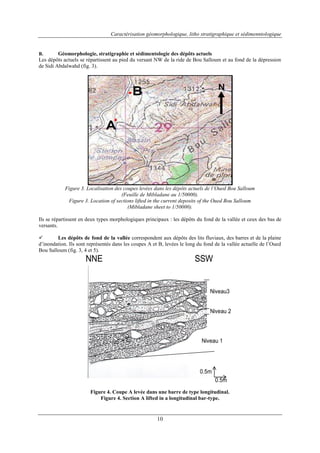 Caractérisation géomorphologique, litho stratigraphique et sédimenntologique
10
B. Géomorphologie, stratigraphie et sédimentologie des dépôts actuels
Les dépôts actuels se répartissent au pied du versant NW de la ride de Bou Salloum et au fond de la dépression
de Sidi Abdalwahd (fig. 3).
Figure 3. Localisation des coupes levées dans les dépôts actuels de l’Oued Bou Salloum
(Feuille de Mibladane au 1/50000).
Figure 3. Location of sections lifted in the current deposits of the Oued Bou Salloum
(Mibladane sheet to 1/50000).
Ils se répartissent en deux types morphologiques principaux : les dépôts du fond de la vallée et ceux des bas de
versants.
 Les dépôts de fond de la vallée correspondent aux dépôts des lits fluviaux, des barres et de la plaine
d’inondation. Ils sont représentés dans les coupes A et B, levées le long du fond de la vallée actuelle de l’Oued
Bou Salloum (fig. 3, 4 et 5).
Niveau 2
Niveau 1
Niveau3
0.5m
0.5m
NNE SSW
Figure 4. Coupe A levée dans une barre de type longitudinal.
Figure 4. Section A lifted in a longitudinal bar-type.
 