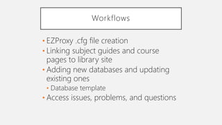 Workflows
• EZProxy .cfg file creation
• Linking subject guides and course
pages to library site
• Adding new databases and updating
existing ones
• Database template
• Access issues, problems, and questions
 