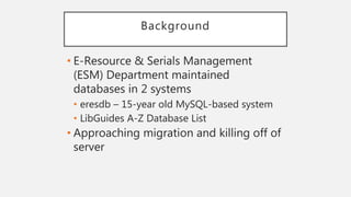 Background
• E-Resource & Serials Management
(ESM) Department maintained
databases in 2 systems
• eresdb – 15-year old MySQL-based system
• LibGuides A-Z Database List
• Approaching migration and killing off of
server
 
