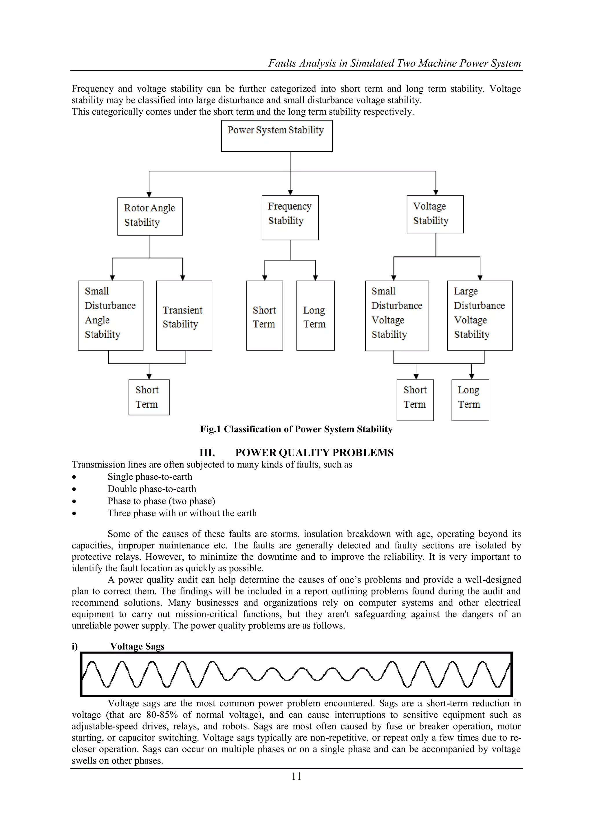 Faults Analysis in Simulated Two Machine Power System 
Frequency and voltage stability can be further categorized into short term and long term stability. Voltage 
stability may be classified into large disturbance and small disturbance voltage stability. 
This categorically comes under the short term and the long term stability respectively. 
Fig.1 Classification of Power System Stability 
III. POWER QUALITY PROBLEMS 
Transmission lines are often subjected to many kinds of faults, such as 
 Single phase-to-earth 
 Double phase-to-earth 
 Phase to phase (two phase) 
 Three phase with or without the earth 
Some of the causes of these faults are storms, insulation breakdown with age, operating beyond its 
capacities, improper maintenance etc. The faults are generally detected and faulty sections are isolated by 
protective relays. However, to minimize the downtime and to improve the reliability. It is very important to 
identify the fault location as quickly as possible. 
A power quality audit can help determine the causes of one’s problems and provide a well-designed 
plan to correct them. The findings will be included in a report outlining problems found during the audit and 
recommend solutions. Many businesses and organizations rely on computer systems and other electrical 
equipment to carry out mission-critical functions, but they aren't safeguarding against the dangers of an 
unreliable power supply. The power quality problems are as follows. 
11 
i) Voltage Sags 
Voltage sags are the most common power problem encountered. Sags are a short-term reduction in 
voltage (that are 80-85% of normal voltage), and can cause interruptions to sensitive equipment such as 
adjustable-speed drives, relays, and robots. Sags are most often caused by fuse or breaker operation, motor 
starting, or capacitor switching. Voltage sags typically are non-repetitive, or repeat only a few times due to re-closer 
operation. Sags can occur on multiple phases or on a single phase and can be accompanied by voltage 
swells on other phases. 
 