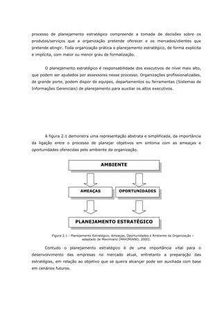 processo de planejamento estratégico compreende a tomada de decisões sobre os
produtos/serviços que a organização pretende oferecer e os mercados/clientes que
pretende atingir. Toda organização prática o planejamento estratégico, de forma explícita
e implícita, com maior ou menor grau de formalização.
O planejamento estratégico é responsabilidade dos executivos de nível mais alto,
que podem ser ajudados por assessores nesse processo. Organizações profissionalizadas,
de grande porte, podem dispor de equipes, departamentos ou ferramentas (Sistemas de
Informações Gerenciais) de planejamento para auxiliar os altos executivos.
A figura 2.1 demonstra uma representação abstrata e simplificada, da importância
da ligação entre o processo de planejar objetivos em sintonia com as ameaças e
oportunidades oferecidas pelo ambiente da organização.
Figura 2.1 - Planejamento Estratégico, Ameaças, Oportunidades e Ambiente da Organização –
adaptado de Maximiano [MAXIMIANO, 2000].
Contudo o planejamento estratégico é de uma importância vital para o
desenvolvimento das empresas no mercado atual, entretanto a preparação das
estratégias, em relação ao objetivo que se queira alcançar pode ser auxiliada com base
em cenários futuros.
AMBIENTE
AMEAÇAS OPORTUNIDADES
PLANEJAMENTO ESTRATÉGICO
 