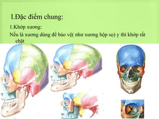 I.Đặc điểm chung:
1.Khớp xương:
Nếu là xương dùng để bảo vệ( như xương hộp sọ) y thì khớp rất
chặt

 