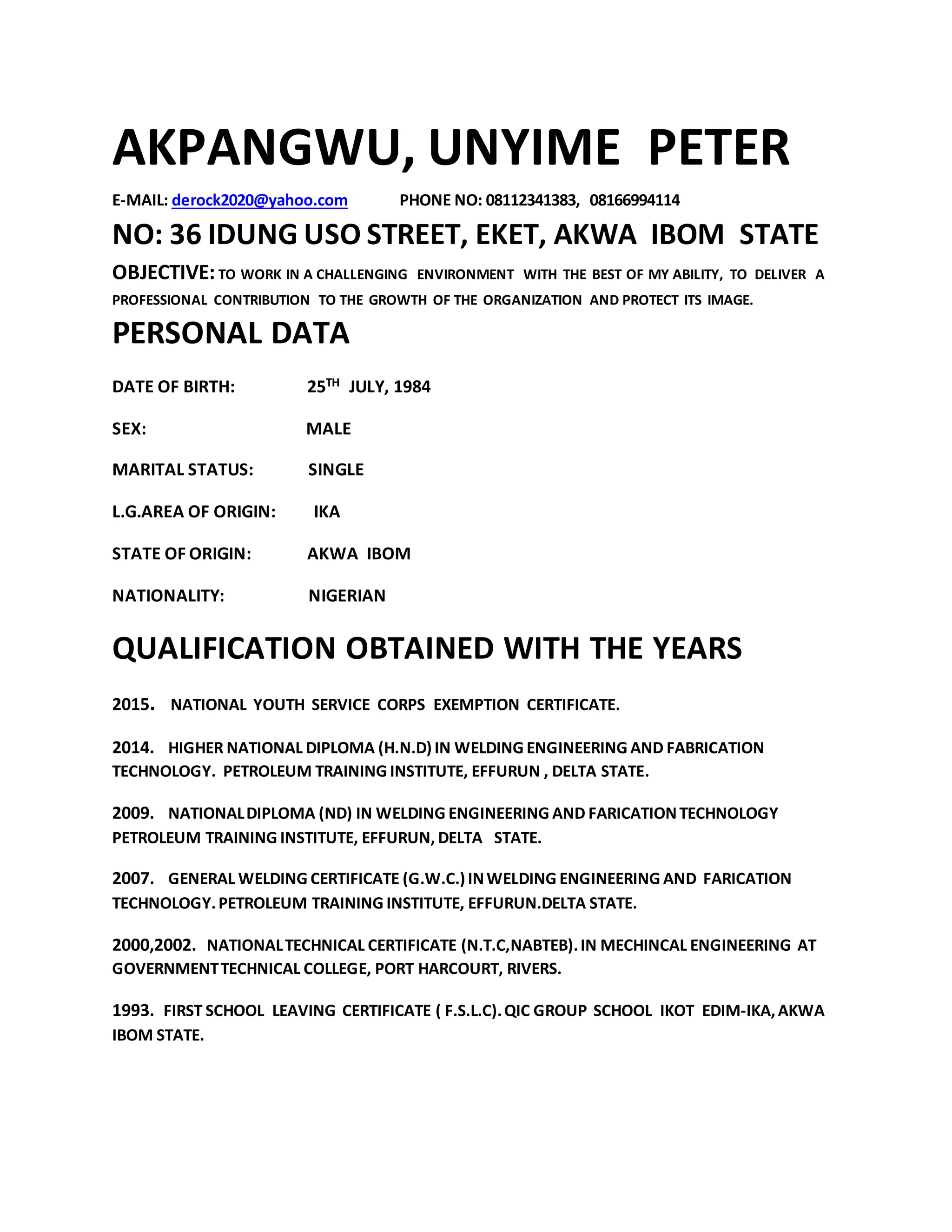 AKPANGWU U.P CV | PDF