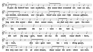 1.
Open de Schriften van oudsher,
die woorden vreemd en van zo ver,
verminkt, ontstemd, verbogen.
Geef ons een eerlijk nieuw gehoor,
leg ons die woorden dan weer voor,
zodat wij mogen horen:
'Zo spreekt de Levende tot u,
dit wil Zij zeggen, toen en nu:
Ik zoek naar dochters, zonen,
die wegen van bevrijding gaan,
die mij van verre al zien staan,
daar waar de armsten wonen.
2.
Niemand ontkomt aan uw gezicht,
geen mens verbergt zich voor uw licht,
want, God, Gij leeft in mensen.
Gij roept om aandacht, recht en brood.
Gij zucht met ons in pijn en dood
en kunt alleen maar wensen
dat wij U zien zoals Gij zijt:
leven aan leven toegewijd
en niets mag dood verdwijnen.
Zult Gij ons vinden mettertijd,
want Gij besteed uw eeuwigheid
om levend te verschijnen
 