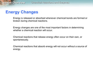 Lesson OverviewLesson Overview Chemical Reactions and EnzymesChemical Reactions and Enzymes
Energy Changes
Energy is released or absorbed whenever chemical bonds are formed or
broken during chemical reactions.
Energy changes are one of the most important factors in determining
whether a chemical reaction will occur.
Chemical reactions that release energy often occur on their own, or
spontaneously.
Chemical reactions that absorb energy will not occur without a source of
energy.
 