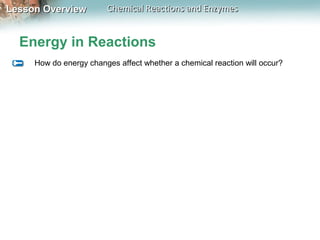 Lesson OverviewLesson Overview Chemical Reactions and EnzymesChemical Reactions and Enzymes
Energy in Reactions
How do energy changes affect whether a chemical reaction will occur?
 