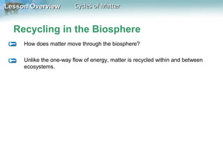 Lesson Overview

Cycles of Matter

Recycling in the Biosphere
How does matter move through the biosphere?
Unlike the one-way flow of energy, matter is recycled within and between
ecosystems.

 