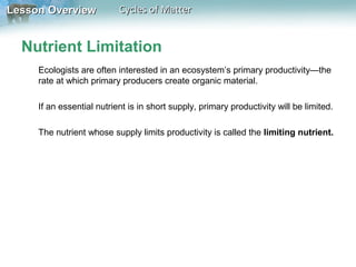 Lesson Overview

Cycles of Matter

Nutrient Limitation
Ecologists are often interested in an ecosystem’s primary productivity—the
rate at which primary producers create organic material.
If an essential nutrient is in short supply, primary productivity will be limited.
The nutrient whose supply limits productivity is called the limiting nutrient.

 