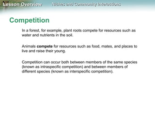 Lesson Overview

Niches and Community Interactions

Competition
In a forest, for example, plant roots compete for resources such as
water and nutrients in the soil.
Animals compete for resources such as food, mates, and places to
live and raise their young.
Competition can occur both between members of the same species
(known as intraspecific competition) and between members of
different species (known as interspecific competition).

 