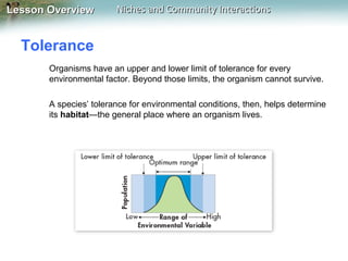 Lesson Overview

Niches and Community Interactions

Tolerance
Organisms have an upper and lower limit of tolerance for every
environmental factor. Beyond those limits, the organism cannot survive.
A species’ tolerance for environmental conditions, then, helps determine
its habitat—the general place where an organism lives.

 