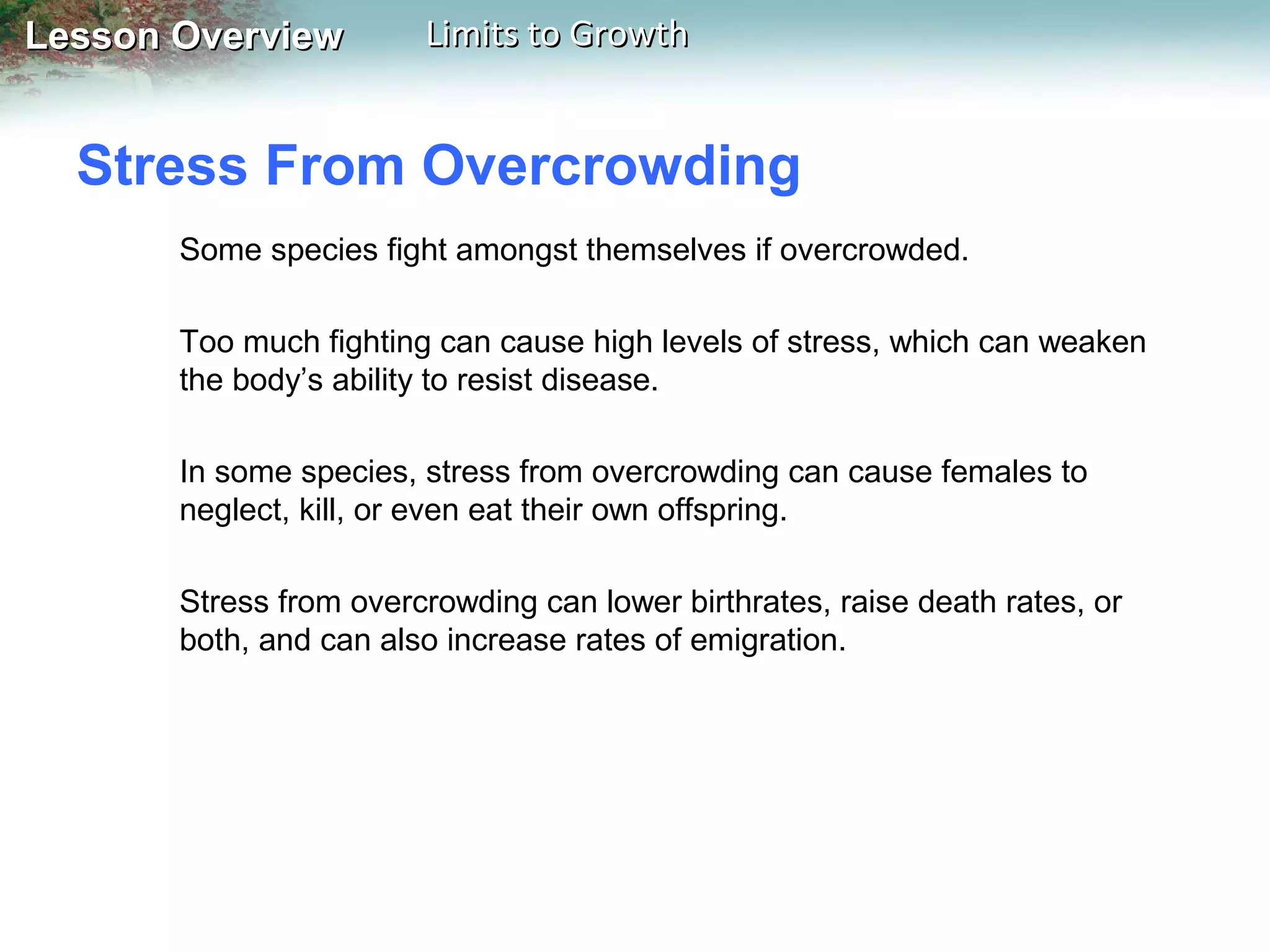 Lesson Overview

Limits to Growth

Stress From Overcrowding
Some species fight amongst themselves if overcrowded.
Too much fighting can cause high levels of stress, which can weaken
the body’s ability to resist disease.
In some species, stress from overcrowding can cause females to
neglect, kill, or even eat their own offspring.
Stress from overcrowding can lower birthrates, raise death rates, or
both, and can also increase rates of emigration.

 