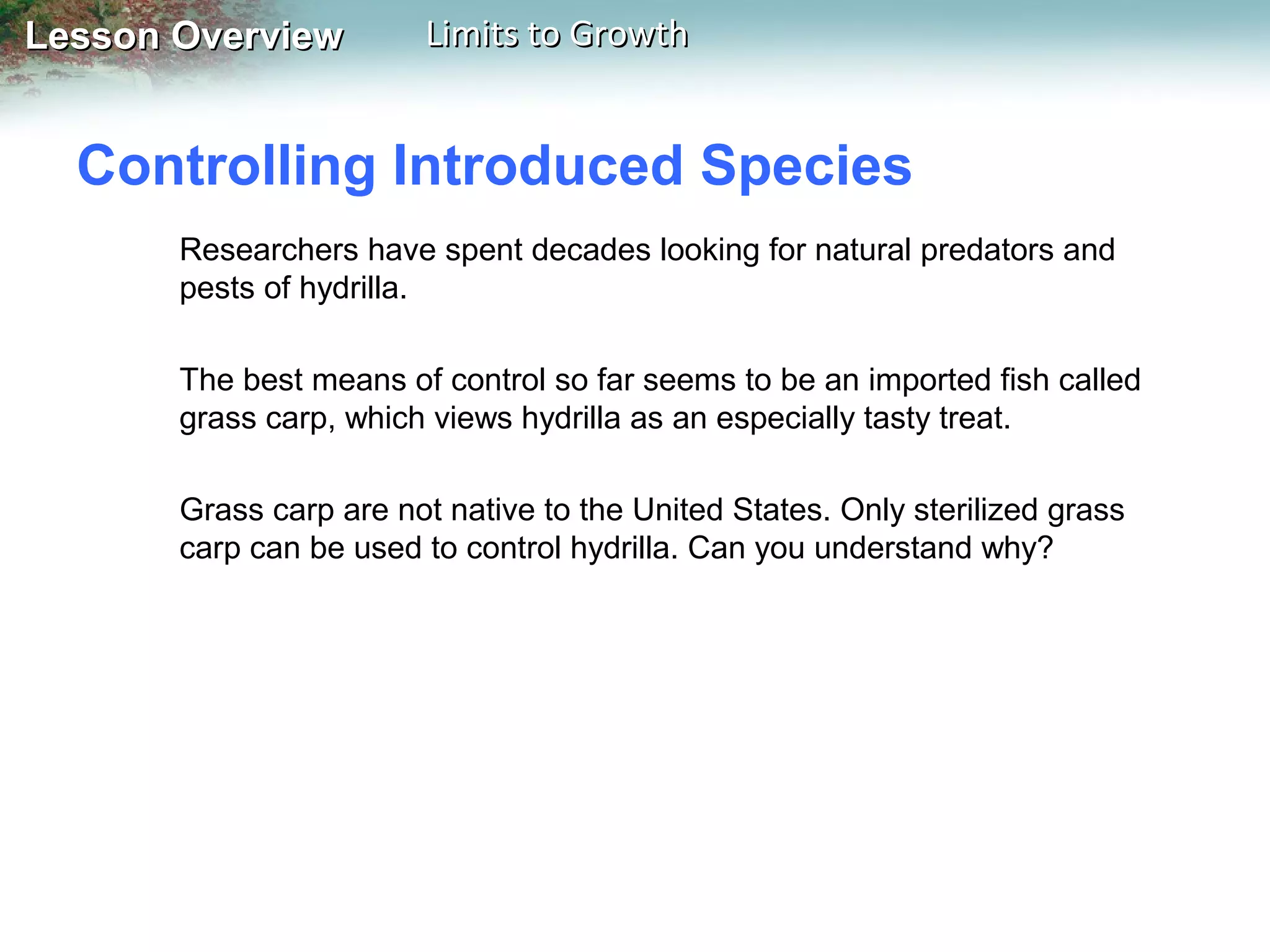 Lesson Overview

Limits to Growth

Controlling Introduced Species
Researchers have spent decades looking for natural predators and
pests of hydrilla.
The best means of control so far seems to be an imported fish called
grass carp, which views hydrilla as an especially tasty treat.
Grass carp are not native to the United States. Only sterilized grass
carp can be used to control hydrilla. Can you understand why?

 