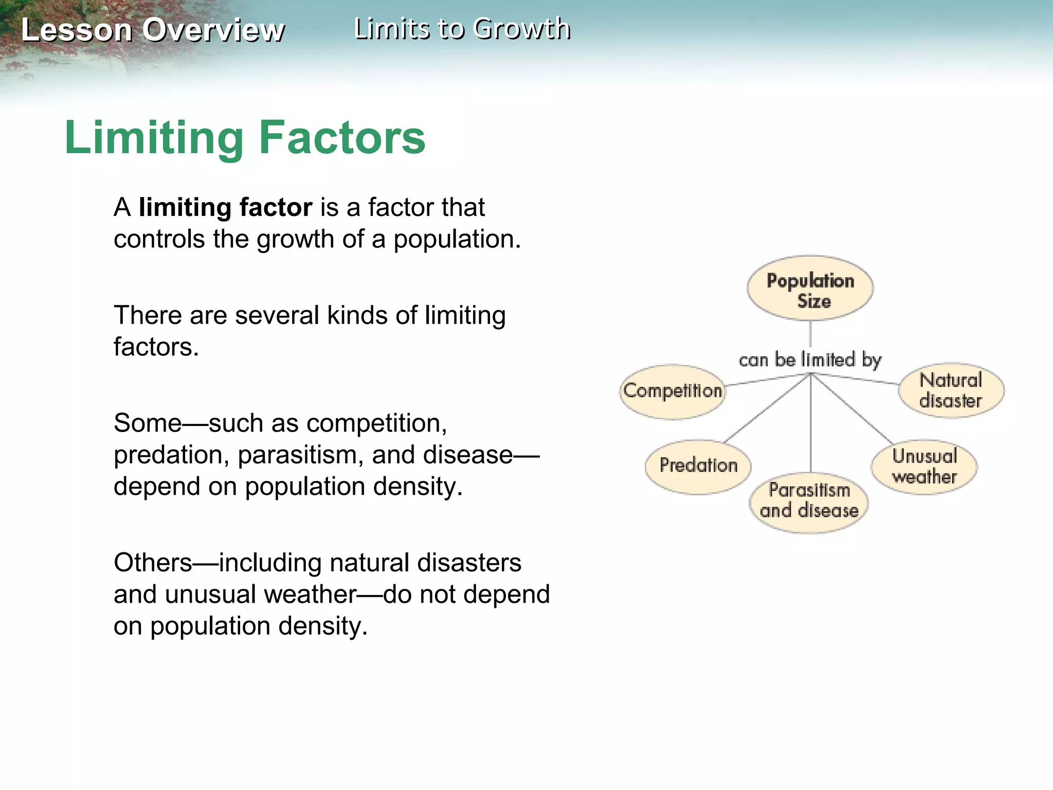 Lesson Overview

Limits to Growth

Limiting Factors
A limiting factor is a factor that
controls the growth of a population.
There are several kinds of limiting
factors.
Some—such as competition,
predation, parasitism, and disease—
depend on population density.
Others—including natural disasters
and unusual weather—do not depend
on population density.

 