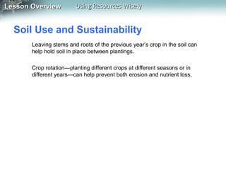 Lesson Overview

Using Resources Wisely

Soil Use and Sustainability
Leaving stems and roots of the previous year’s crop in the soil can
help hold soil in place between plantings.
Crop rotation—planting different crops at different seasons or in
different years—can help prevent both erosion and nutrient loss.

 