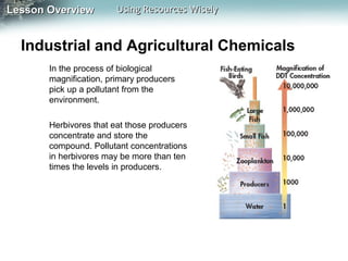 Lesson Overview

Using Resources Wisely

Industrial and Agricultural Chemicals
In the process of biological
magnification, primary producers
pick up a pollutant from the
environment.
Herbivores that eat those producers
concentrate and store the
compound. Pollutant concentrations
in herbivores may be more than ten
times the levels in producers.

 