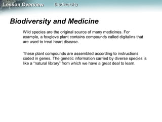 Lesson Overview

Biodiversity

Biodiversity and Medicine
Wild species are the original source of many medicines. For
example, a foxglove plant contains compounds called digitalins that
are used to treat heart disease.
These plant compounds are assembled according to instructions
coded in genes. The genetic information carried by diverse species is
like a “natural library” from which we have a great deal to learn.

 