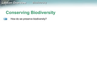 Lesson Overview

Biodiversity

Conserving Biodiversity
How do we preserve biodiversity?

 