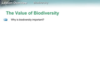 Lesson Overview

Biodiversity

The Value of Biodiversity
Why is biodiversity important?

 
