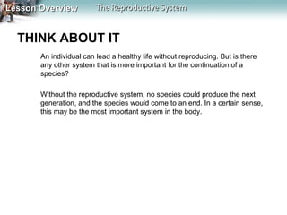 Lesson Overview

The Reproductive System

THINK ABOUT IT
An individual can lead a healthy life without reproducing. But is there
any other system that is more important for the continuation of a
species?
Without the reproductive system, no species could produce the next
generation, and the species would come to an end. In a certain sense,
this may be the most important system in the body.

 