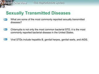 Lesson Overview

The Reproductive System

Sexually Transmitted Diseases
What are some of the most commonly reported sexually transmitted
diseases?
Chlamydia is not only the most common bacterial STD, it is the most
commonly reported bacterial disease in the United States.
Viral STDs include hepatitis B, genital herpes, genital warts, and AIDS.

 