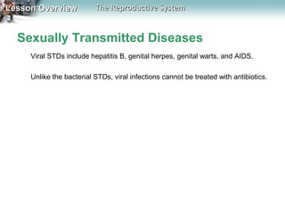 Lesson Overview

The Reproductive System

Sexually Transmitted Diseases
Viral STDs include hepatitis B, genital herpes, genital warts, and AIDS.
Unlike the bacterial STDs, viral infections cannot be treated with antibiotics.

 