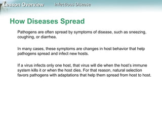 Lesson Overview

Infectious Disease

How Diseases Spread
Pathogens are often spread by symptoms of disease, such as sneezing,
coughing, or diarrhea.
In many cases, these symptoms are changes in host behavior that help
pathogens spread and infect new hosts.
If a virus infects only one host, that virus will die when the host’s immune
system kills it or when the host dies. For that reason, natural selection
favors pathogens with adaptations that help them spread from host to host.

 