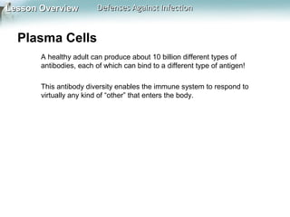 Lesson Overview

Defenses Against Infection

Plasma Cells
A healthy adult can produce about 10 billion different types of
antibodies, each of which can bind to a different type of antigen!
This antibody diversity enables the immune system to respond to
virtually any kind of “other” that enters the body.

 