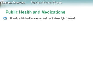 Lesson Overview

Fighting Infectious Disease

Public Health and Medications
How do public health measures and medications fight disease?

 