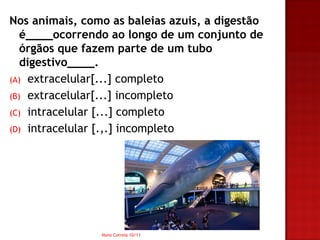 Nos animais, como as baleias azuis, a digestão
   é____ocorrendo ao longo de um conjunto de
   órgãos que fazem parte de um tubo
   digestivo____.
(A) extracelular[...] completo
(B) extracelular[...] incompleto
(C) intracelular [...] completo
(D) intracelular [.,.] incompleto




                Nuno Correia 10/11
 