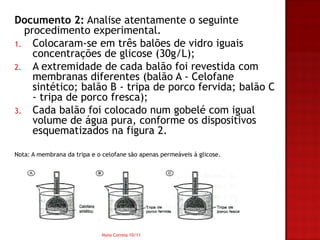 Documento 2: Analise atentamente o seguinte
  procedimento experimental.
1. Colocaram-se em três balões de vidro iguais
    concentrações de glicose (30g/L);
2. A extremidade de cada balão foi revestida com
    membranas diferentes (balão A - Celofane
    sintético; balão B - tripa de porco fervida; balão C
    - tripa de porco fresca);
3. Cada balão foi colocado num gobelé com igual
    volume de água pura, conforme os dispositivos
    esquematizados na figura 2.

Nota: A membrana da tripa e o celofane são apenas permeáveis à glicose.




                              Nuno Correia 10/11
 