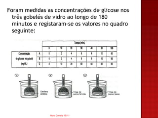 Foram medidas as concentrações de glicose nos
  três gobelés de vidro ao longo de 180
  minutos e registaram-se os valores no quadro
  seguinte:




                Nuno Correia 10/11
 