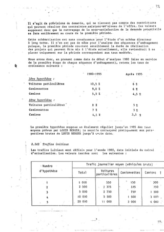 . Il s ' agit de pr�visions de demande , q�i ne t i ennent pas compte des res trict 1ons
qui -peuvent résul ter des contrainte s -.-exi st:ant:-.ru-niveau de 1' of fre. • Ces va leu: s .
suppos ent donc que le rattrapage de la so�s-satisfact ion de la demande pot�.nt1. e l l e
se fera entièrement au cours de la première période .
Cette schéma t i sation e s t sans conséquence 'pour l ' é tude d ' un schéma direc teur
à long te�me . Il n ' en e s t pas de même pour l ' analyse des séquences d ' aménagement
pui sque . la �remière période cou vrant sens iblement la durée de réalisat ion
des proj ets qu i peuvent être mis à l ' étude actue l lement , e l le reviendrait à s e
pli!. cer ùniquement sur l a période correspondant aux taux modérés .
Nous avons donc , èn prenant comme date de début d ' analyse 1 980 (mise en service
de la première étape de chaque séquence d ' aménagement) . retenu les taux de ·
croi ssance suivants : �
·
Ure hypothèse :
Voitures parliculières
Camionnettes
Camions
2ème hypothèse :
Voitures particul iè:-ea -
Camionnettes
Camions
1 980- 1 995
1 0, 5%
9, 0%
5, 5%
8 %
7 %
4 , � %
Aprè s 1 995
6%
6 %
4, 5%.
5%
5%
. 3 ,5 %
La première hypothès e s•Jppo se un étaleme!lt régul ier jusqu ' en 1 995 des t:at..r.x
moyens prévus par LOUIS BERGER : la seco� � e corr�e?ond pra t iqutment aux pers­
pectives brutes de LOUIS BERGF.R j usqu ' à <..'"' ae date •
.g. 342 Trafias initiaux
Les trafics iuitiaux ROnt définis pour l ' année 1 980, date ini tiale du calcul
d'actualisation . Les v�leurs tes tées s ont les suivantes
· Numéro
Trafi c j ournal i er moyen ( véhi cul es bruts ).
d ' hypothèse
Total
Voi tures
Cam i onnettes Cami ons
parti cul ières
-.
J 1 000 550 1 50 300
2 2 500 ' 375 3.75 750
3 5 000 2 750 750 1 500
4 J O 000 5 500 1 500 3 000
l
'
5 20 000 1 1 000 3 000 6 000 • 1
1
' . i-
1 9 •
 