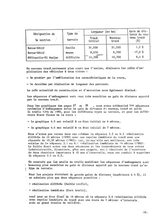 .
Type de
Longueur (en km) Gai n · de dis-
Dés i gnati on de tance du nou-
terrai n
Tracé Nouve au - veau tracé
la secti on i ni ti al tracé (%)
Batna-Sétif facile 3 1 , 930 3 1 , 550 1 ' 2 7.
Batna-Sétif · moyen 8 , 070 .
6 , 700 1 7 , 0 7.
Héliopolis._El. Hadjar difficile --r- 1 1 ,1do 1 0 , 700 8 ,5 7.
Un nouveau tracé ,nettement p lus cour t que l ' ancien , diminuera les coûts d ' ex­
ploitation des véhicules à deux titres : - .
le premieT'- par 1 ' amU ioration des caractér ist iques de la _rou te·,
le deuxième par d iminution de longueur des parcours .
Le coût actualisé de construLtion et d ' entretien sera également diminué .
Les séquences d ' am�nag�ment sor t r1onc très s ensibles au gain d e distance apporté
par 'le nouveau tra�é .
Dans les graphiques d�s pages 27 et 28 , nous avons s chémat isé les séquence s
optimales d ' aména$ement sel oL"l le gain de dia tance d •1 nouve au tracP. et s� l on
le traf ic TJl� de l �lRO , pour les différents types �è! terrain , e t pour les diffé­
-rents états finaux lie la route
le graphique 4 . 3 est relatif à un é ta t initial cie 6 mètres ,
- le graphique 4 . '• es t relatif à un état ini -ci3! dl! 7 mè tres .
Nous n' avons pas retenu dans ces r. chémas la s éque.nce 3 . 5 ou 6 . 3 -réalisat ion
différée de 14 mètres ( 1 9 90) av
'
ec une rep r i s e in'imédi a te d u tracé avec une
chaus s ée de 1 0 , 50 mèt res ( 1 980)- qui , lch·squ ' e l le es t mei l leure , es t très
voi s ine de lst s éqnenc(. 3 . 1 ou 6 . 1 - réalisat:i.on immédiate rle 1 4 mè tres ( 1 980) .'
Le faible écar t en tre ce' deux s éq uences e t les inconvénients de tous ordres
( administratifs , financiers , gP.ne aux us agers , e t c . ) râsul taht de l ' ouver ture
de deux chantiers impor tants à 1 0 ans d ' interva l l e , nous ont condui t ·à supprime r
la s équence 3 .5 ou 6 . 3 .
On cons tate que les s�ui ls de trafic modifi a�t lee séquences d ' aménagement s0nt
1 beaucoup p lus sens ib les au gain de dis tance ap�orté par le nouveau tracé qu ' au
� type de terrain.
1
Pour les p-roj ets procurant de grends gains de d is tnnce (supérieurs à 5%) , i l
' nP. subsiste plus que deux ' s équences possib l es
- réal i�ation différée (faible tra fic) ,
· - réalis ation immt;diate (for t traf ic) .
s auf pour ur. étl'.lt find
·
de 1 4 mètres où la séquenc.e 3 . 4 -réalisa tion d i f férée
, avec repri s"' · imméd iat:e du tracé avec une route de ï mè tres- s ' intercale. ,
avéc un grand domaine de vali dité •
 