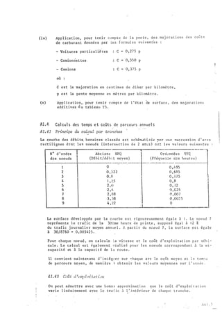 (iv) Appl ication , pour tenir c omp te de l a pen te , de s maj ora t ion s
de carburan t données par Les formu l es sui van t'es
Voi tures part icul ières c 0 , 27 5 p
Camionnet tes c 0 , 550 p
- Camions c 0 , 375 p
où
C est la maj ora t ion en cent imes de d i�ar par �ilomè �re ,
p est la pente moyenne en mè tres .par ki l omè tre .
d e s coû t s
(v) · App l ication, pour tenir c ompt e dé l ' ê ta t de surface , des maj ora t ions
additives d u tabl eau TS .
A1 . 4 Cal cul s des temps e t coQts de parcours annuel s
A 1 . 41 Principe du caZcuZ par tranches
La courbe des débi ts. horaires cla s sés est schérna.!: i :;::c !>P.r uuc 'luccess1on d ' a r c �
rect i l i gnes dent les noeuds ( intersect ion d e 2 ar� s ) o c t l e R vu l �urs suiva n t e s
N° d ' ordre !
des noeuds
Abcisse XF'Q
(Dzbi t/débi t moyen)
------ --··
Ordünnéc s YFQ
(Fféque��e d�s heur e s )
1--------+------------- ---i-··-· ----- --------+
t
2
3
4
5
6
1
8
9
0
0 , 3 2 2
O , B
1 , 25
2 ,0
2 , '1
2 , 88
3 , 38
4 , 22
1
0 , 4 95
0 , 6R5
0 ' 1 / 5
0 , 8
0 , 1 2
0 , 025
0 , 007
0 , 002. 5
0
La surface développée par la courbe e s t rigoureusement éga le à 1 . Le noe ud 7
représente l e trafic de la 30ame heure de po inte , suppos é égal à 1 2 %
du trafic j ournalier moyen annue l . A pa r ti r du n.:;�ud 7 , l a surface _e s t égale
à 30/8760 = 0 .003425 .
Pour chaque noe ud , on calcule L a vi � esse et le coût d ' exp l o i t a t ion p a r véh i ­
cule . L e calcul es t également rêal i s é pour les noeuds co rrespondan t à l a mi ­
capacité et à la capaci t é de l a route .
Il convient ma i nteLant d ' intégrer sur �haque arc l e coÎ!t moye� e t l e t emï �
de parcours t1oyen , de mani ère .1. ob teni r les va::!.c urs nio
.
yenne s sur 1 ' année
·
.
On peut admet tre avec une bonn e approxima t i o n que l e coG t d ' exp lo i t a t i on
varie l inêai rement avec le tra f i c i l ' intér ieur de chaque t ranch e .
;
An 1 . 3
 