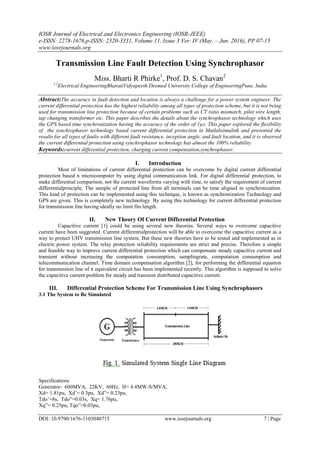 IOSR Journal of Electrical and Electronics Engineering (IOSR-JEEE)
e-ISSN: 2278-1676,p-ISSN: 2320-3331, Volume 11, Issue 3 Ver. IV (May. – Jun. 2016), PP 07-15
www.iosrjournals.org
DOI: 10.9790/1676-1103040715 www.iosrjournals.org 7 | Page
Transmission Line Fault Detection Using Synchrophasor
Miss. Bharti R Phirke1
, Prof. D. S. Chavan2
1,2
Electrical EngineeringBharatiVidyapeeth Deemed University College of EngineeringPune, India
Abstract:The accuracy in fault detection and location is always a challenge for a power system engineer. The
current differential protection has the highest reliability among all types of protection scheme, but it is not being
used for transmission line protection because of certain problems such as CT ratio mismatch, pilot wire length,
tap changing transformer etc. This paper describes the details about the synchrophasor technology which uses
the GPS based time synchronization having the accuracy of the order of 1µs. This paper explored the flexibility
of the synchrophasor technology based current differential protection in Matlabsimulink and presented the
results for all types of faults with different fault resistance, inception angle, and fault location, and it is observed
the current differential protection using synchrophasor technology has almost the 100% reliability.
Keywords:current differential protection, charging current compensation,synchrophasor.
I. Introduction
Most of limitations of current differential protection can be overcome by digital current differential
protection based n microcomputer by using digital communication link. For digital differential protection, to
make differential comparison, not the current waveforms varying with time, to satisfy the requirement of current
differentialprinciple. The sample of protected line from all terminals can be time aligned in synchronization.
This kind of protection can be implemented using this technique, is known as synchronization Technology and
GPS are given. This is completely new technology. By using this technology for current differential protection
for transmission line having ideally no limit fits length.
II. New Theory Of Current Differential Protection
Capacitive current [1] could be using several new theories. Several ways to overcome capacitive
current have been suggested .Current differentialprotection will be able to overcome the capacitive current as a
way to protect UHV transmission line system. But these new theories have to be tested and implemented as in
electric power system. The relay protection reliability requirements are strict and precise. Therefore a simple
and feasible way to improve current differential protection which can compensate steady capacitive current and
transient without increasing the computation consumption, samplingrate, computation consumption and
telecommunication channel. Time domain compensation algorithm [2], for performing the differential equation
for transmission line of π equivalent circuit has been implemented recently. This algorithm is supposed to solve
the capacitive current problem for steady and transient distributed capacitive current.
III. Differential Protection Scheme For Transmission Line Using Synchrophasors
3.1 The System to Be Simulated
Specifications
Generator- 600MVA, 22KV, 60Hz, H= 4.4MW-S/MVA,
Xd= 1.81pu, Xd‟= 0.3pu, Xd”= 0.23pu,
Tdo‟=8s, Tdo”=0.03s, Xq= 1.76pu,
Xq”= 0.25pu, Tqo”=0.03pu,
 