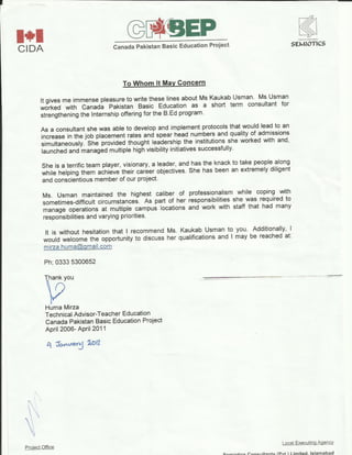 CIDA Huma Mirza recommendation letter
