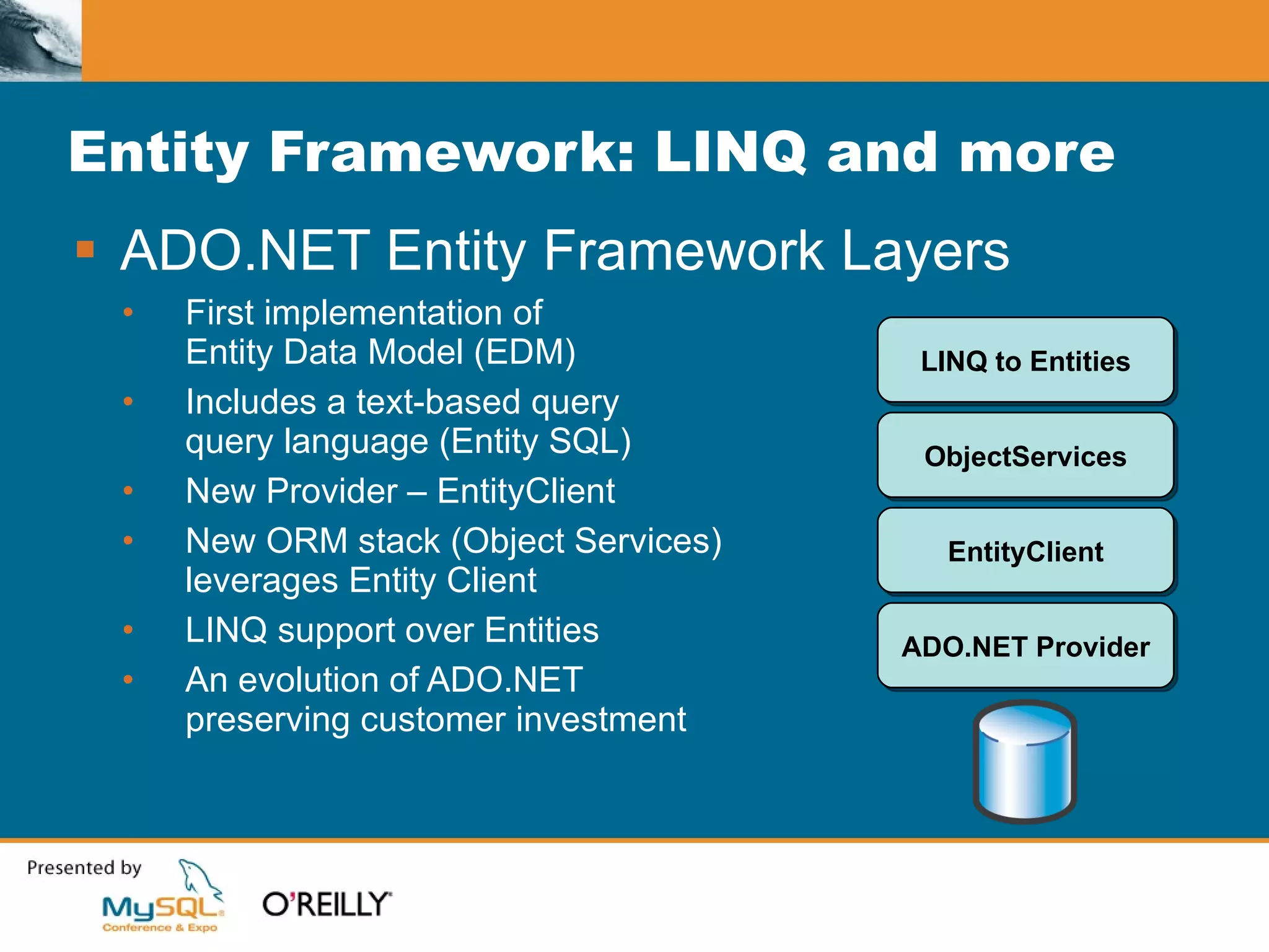 Entity Framework: LINQ and more ADO.NET Entity Framework Layers First implementation of  Entity Data Model (EDM) Includes a text-based query query language (Entity SQL) New Provider – EntityClient New ORM stack (Object Services)  leverages Entity Client LINQ support over Entities An evolution of ADO.NET  preserving customer investment ADO.NET Provider EntityClient ObjectServices LINQ to Entities 