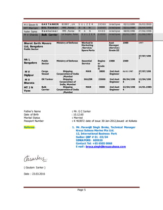 Page 5
M V Steven N G A S T A NKER BI BBY , U K S U L Z E R 2 0 3 0 0 2nd Asst Engineer 02/11/1099 26/02/2000
MT Marian OI L T a n k e r MMS ,Mumbai B & W 1 6 0 0 0 2nd Asst Engineer 02/11/1998 26/04/1999
Hualien Express C o n t a i n e r MMS ,Mumbai M A N 8 4 0 0 2nd Asst Engineer 08/05/1998 27/06/1998
M V Sharda Bulk Carrier Link Navigation, Mumbai S U L Z E R 2 3 0 0 0 2nd Asst Engineer 20/01/1997 21/06/1997
Bharat Earth Movers
Ltd, Bangalore
Public Sector
Ministry of Defense Worked in
Marketing
/Service/
Spare Parts
Asst
Manager
(Service)
Grade III
1989 1997
HA L
Bangalore
Public
Sector
Ministry of Defense Essential
Service
Engine
er
Grade
II
1988 1989
27/07/198
7
M V
Diglipur
Cargo
Vessel
Shipping
Corporation of India
,Mumbai
MAN 3800 2nd Asst
Engineer
06/01/1987 27/07/198
7
M V
Bharata
Oil Tanker Shipping
Corporation of
India, Mumbai
SULZER 23000 2nd Asst
Engineer
06/04/198
5
12/04/198
6
MT J N
Vyas
Bulk
Carrier
Shipping
Corporation of India
,Mumbai
MAN 9000 2nd Asst
Engineer
22/04/198
4
14/01.1985
Father’s Name : Mr. G C Sarker
Date of Birth : 10.12.60
Marital Status : Married
Passport Number : K 463872 date of issue 30-Jan-2012,Issued at Kolkata
Referee: 1. Mr. Paramjit Singh Broka, Technical Manager
Kreuz Subsea Marine Pte Ltd.
12, International Business Park
Swiber @BP # 01 -03/04
SINGAPORE- 609920
Contact Tel: +65 6505 0068
E mail : broca.singh@kreuzsubsea.com
( Goutam Sarker )
Date : 23.03.2016
 